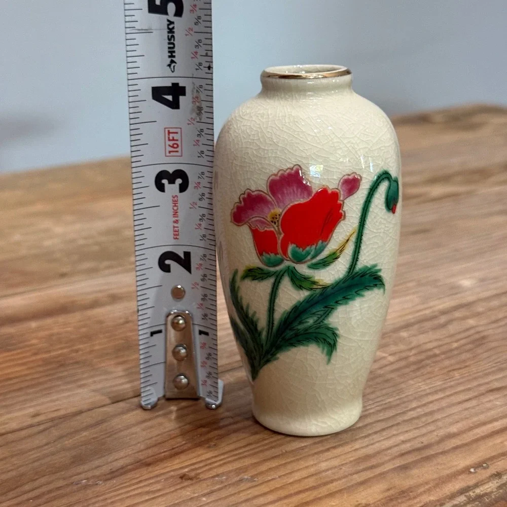 Vintage Homco Japan Crackle Glaze Bud Vase Red Pink Poppy Floral Gold Rim 4 Inch